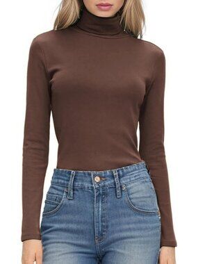 Women's Brown Ribbed Knit Turtleneck Slim Fit Stretchy Layering Pullover Shirt